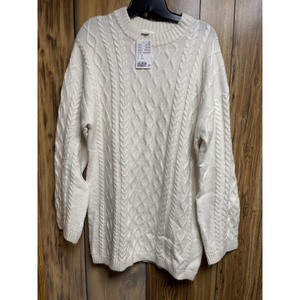 H&M Chunky White Cable Knit Sweater Crew Neck XS Long NWT Wool Blend